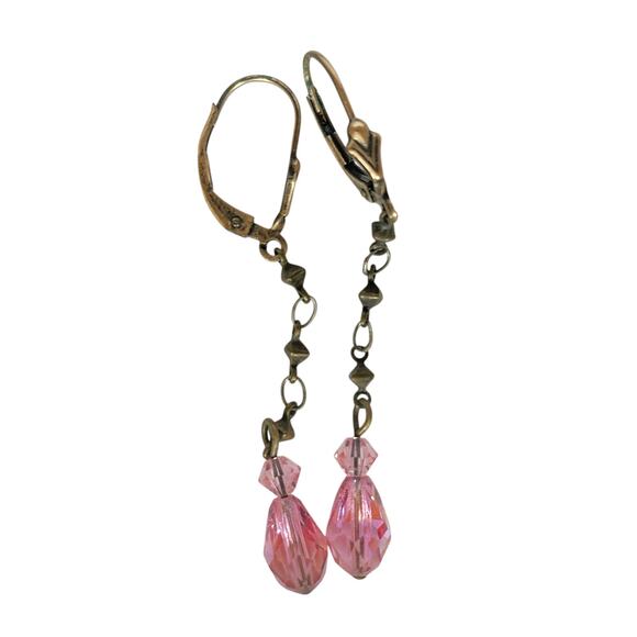 Vintage Pink Glass Earrings 2 Inch Bronze Dangle Boho Jewelry - Picture 3 of 8